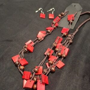 Red and Brown Beaded Necklace and Earring Set